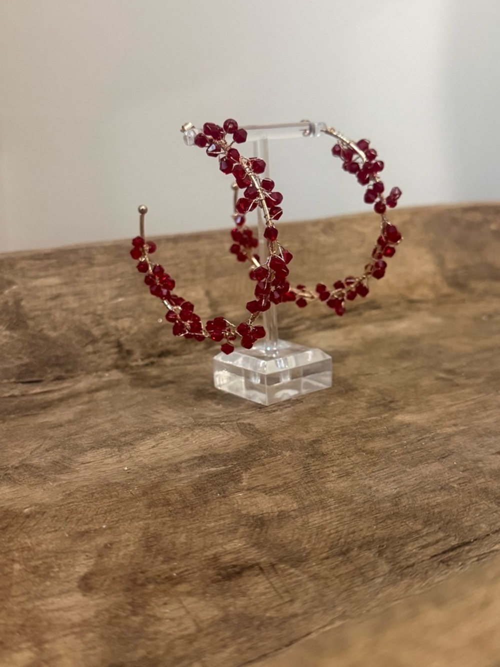 Large Red Beaded Hoop Earrings